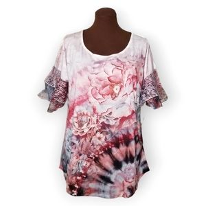 One World Pink Printed Lace Embellished Butterfly Sleeve Top Woman Size …
